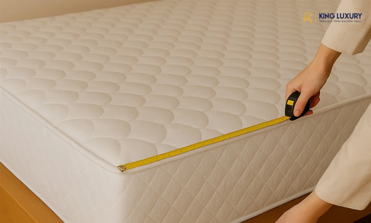 đo kích thước nệm Dunlopillo trên khung giường thực tế