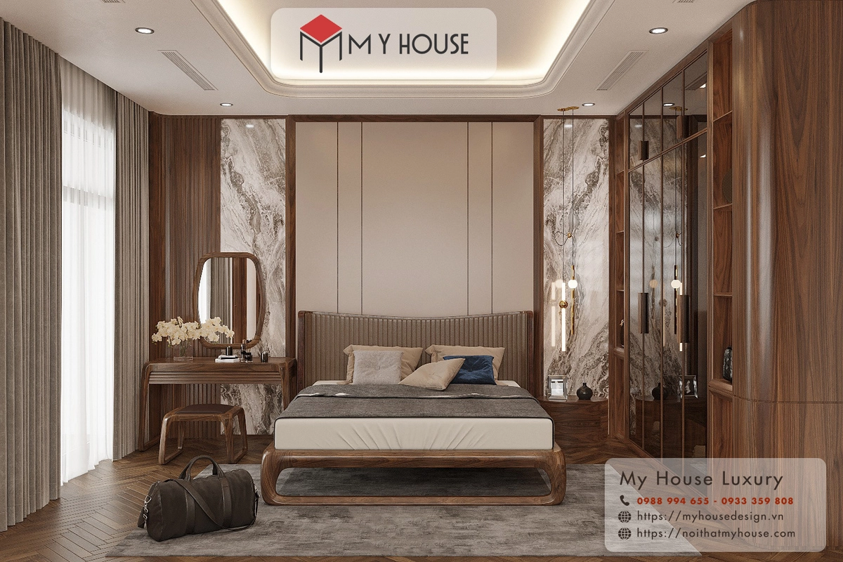 Phòng ngủ ấm cúng với bộ Hanvico đồng bộ