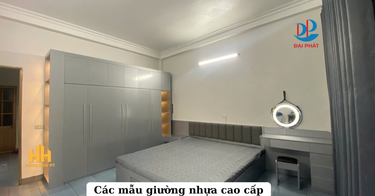 phòng ngủ hoàn thiện với đầu giường nhung xanh sang trọng