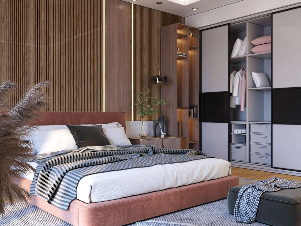 phòng ngủ hoàn thiện với nệm Dunlopillo tông sáng