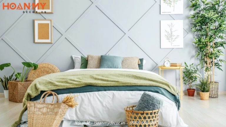 phòng ngủ nhiệt đới với ga Tencel mát dịu