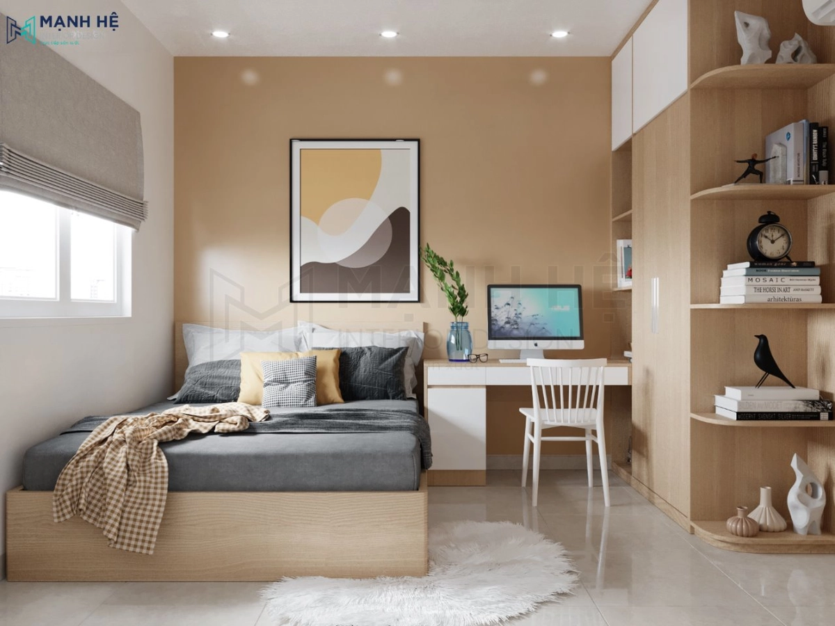 phòng ngủ tông be trắng với chăn IKEA tinh giản