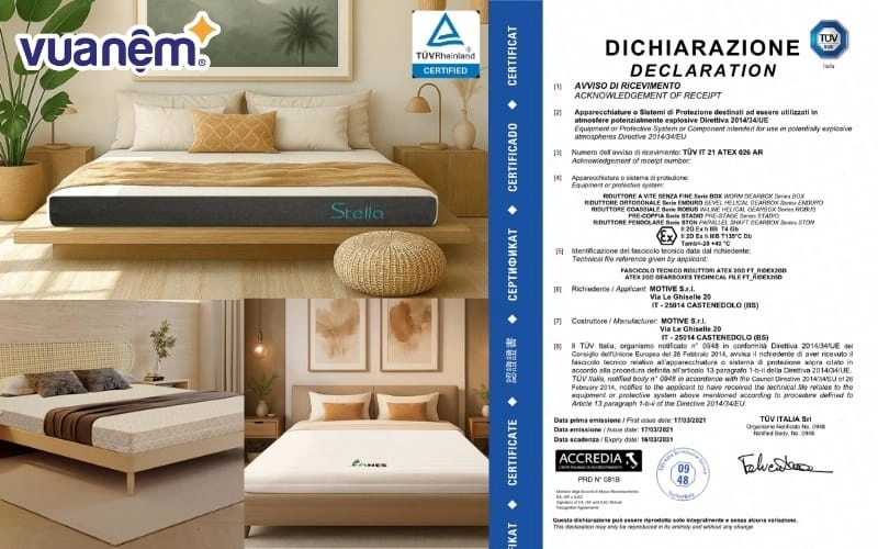 Tem chứng nhận trên nệm Dunlopillo và Kymdan