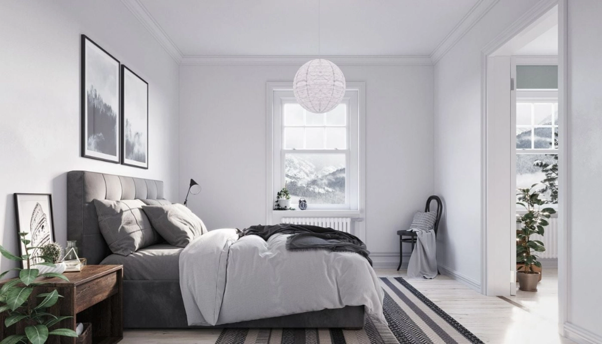 flatlay giường ngủ trắng xám của Hanvico