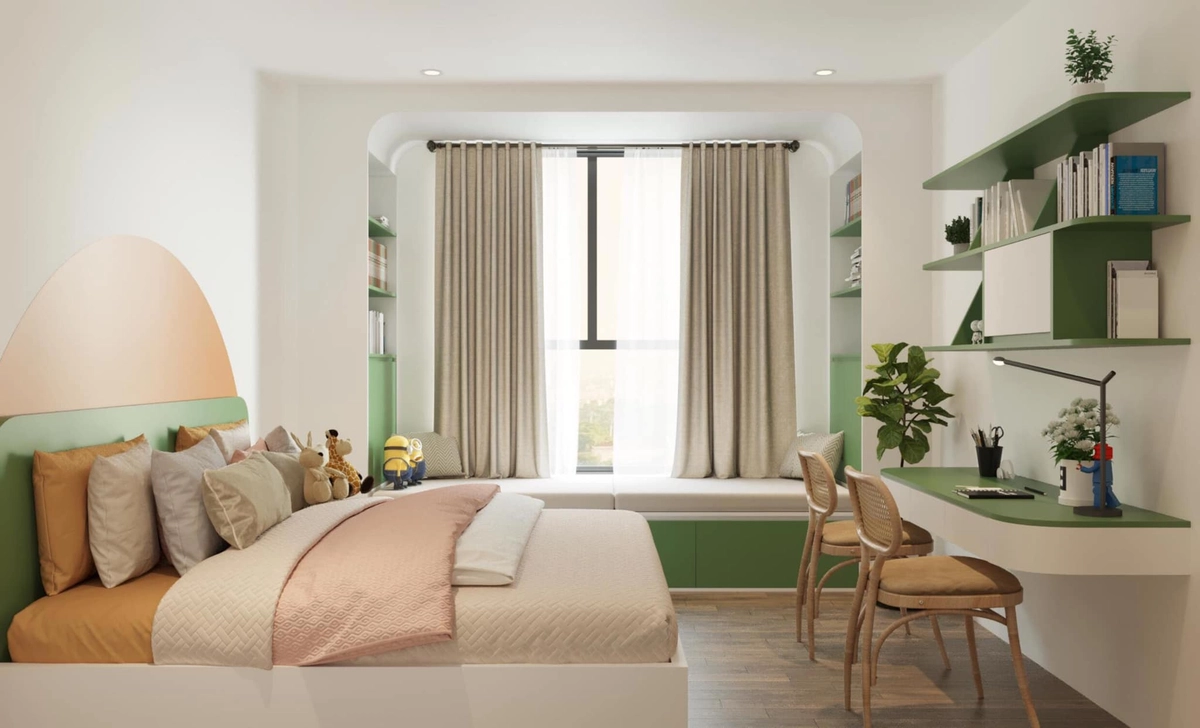 phòng ngủ pastel cặp đôi trẻ với drap Hanvico